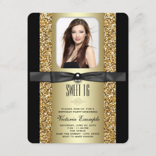 Schwarz und Gold Glitzer Sweet 16 Party Einladung
