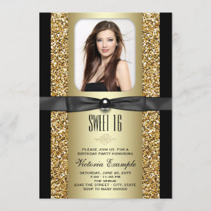 Schwarz und Gold Glitzer Sweet 16 Party Einladung