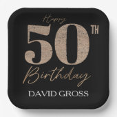 Schwarz und Gold Glitzer Zahl 50. Geburtstag Pappteller (Vorderseite)