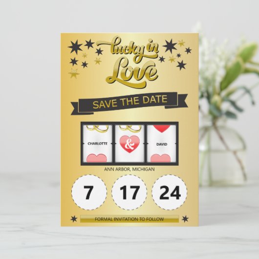 Schwarz und Gold - Glück in der Liebe Save the Dat Date (Stehend Vorderseite)