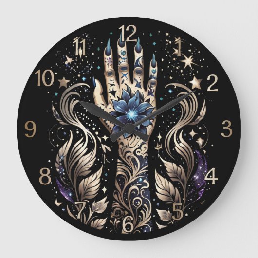 Schwarz und Gold Hand Tattoo Große Wanduhr (Vorderseite)