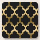 Schwarz und Gold Ikat Quatrefolienmuster Getränkeuntersetzer (Vorderseite)