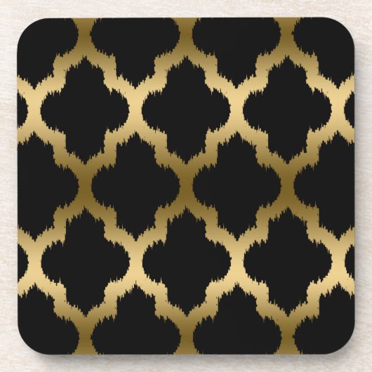 Schwarz und Gold Ikat Quatrefolienmuster Getränkeuntersetzer (Vorderseite)