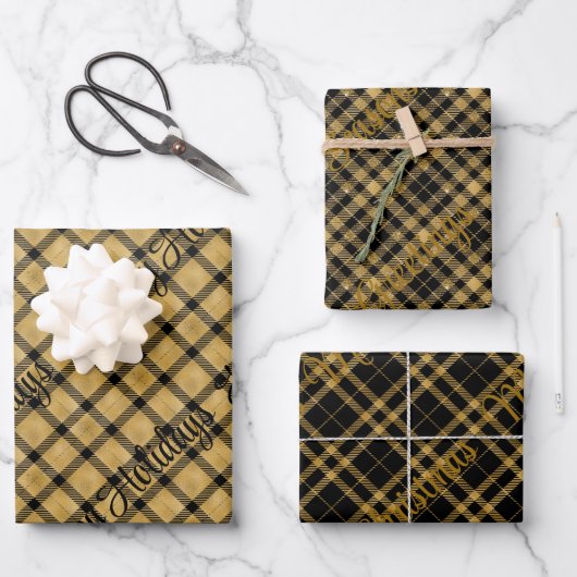 Schwarz und Gold Kariert mit Weihnachtstext Geschenkpapier Set (Vorderseite)