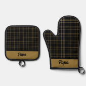 Schwarz und Gold Kariert Ofenhandschuh & Topflappen-Set (Vorderseite)