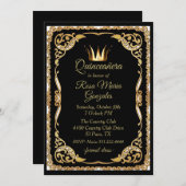 Schwarz und Gold mit Crown Quinceanera Einladung (Vorne/Hinten)