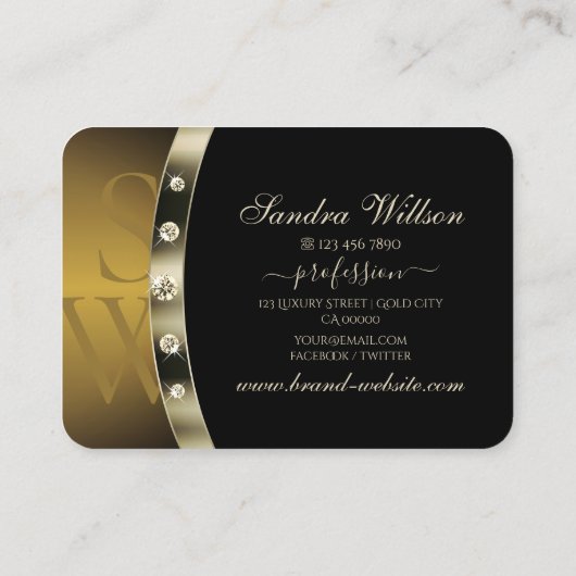 Schwarz und Gold mit Monogram Diamonds auffangen Visitenkarte (Rückseite)