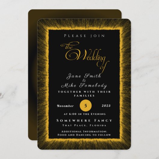 Schwarz und Gold mit Monogramm Einladung (Vorne/Hinten)