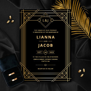 Schwarz und Gold Moderne Art Deco Monogram Wedding Einladung
