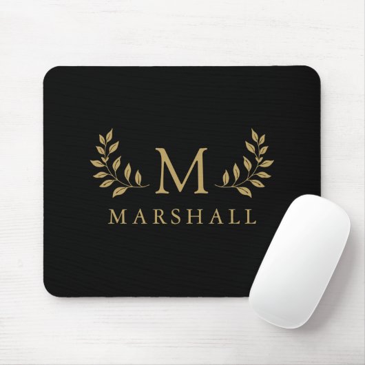 Schwarz und Gold Moderne elegante Floral Monogram  Mousepad (Mit Mouse)