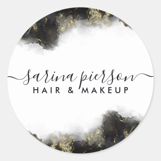 Schwarz und Gold Moderne Kunst Flüssige Wasserfarb Runder Aufkleber (Vorderseite)
