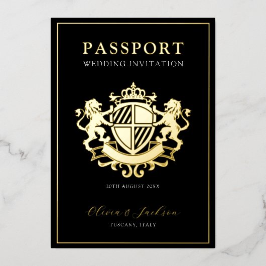 Schwarz und Gold - Moderne Passport-Hochzeitseinla Folieneinladung (Vorderseite)