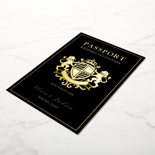 Schwarz und Gold - Moderne Passport-Hochzeitseinla Folieneinladung (Gedreht)