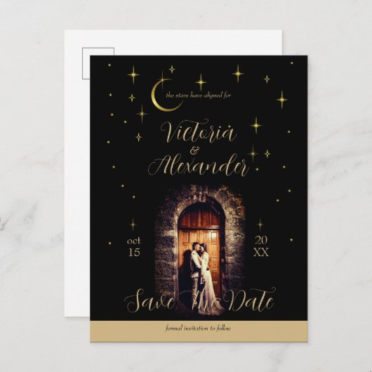 Schwarz und Gold Moderner Minimaler Himmelsbogen Ankündigungspostkarte (Vorne/Hinten)