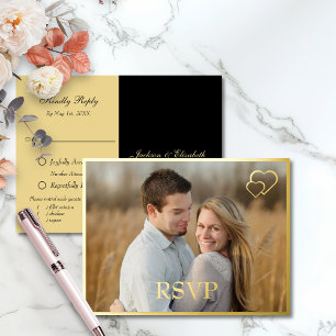 Schwarz und Gold Modernes Foto Hochzeit RSVP Folie Einladungspostkarte