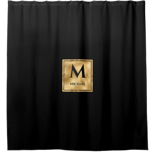 Schwarz und Gold Monogram Elegant Luxury Duschvorhang (Vorderseite)