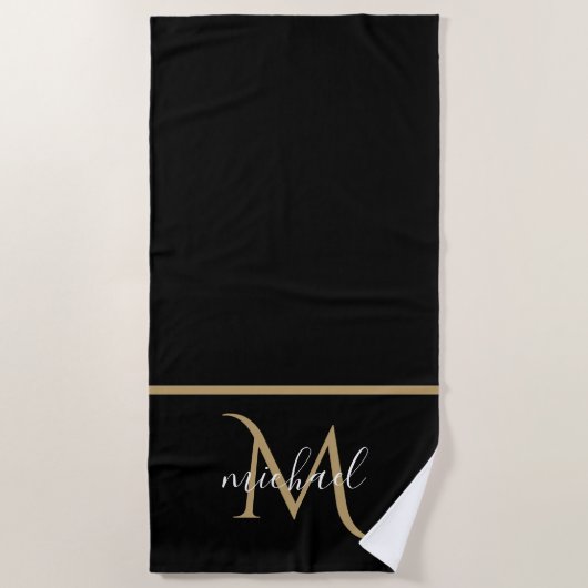 Schwarz und Gold Monogram Elegant Luxury Strandtuch (Vorderseite)