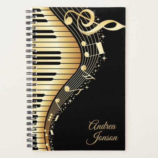 Schwarz- und Gold-Musiknoten-Design Planer (Vorderseite)