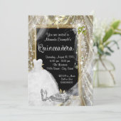 Schwarz und Gold Pearl Quinceñera Einladung (Stehend Vorderseite)