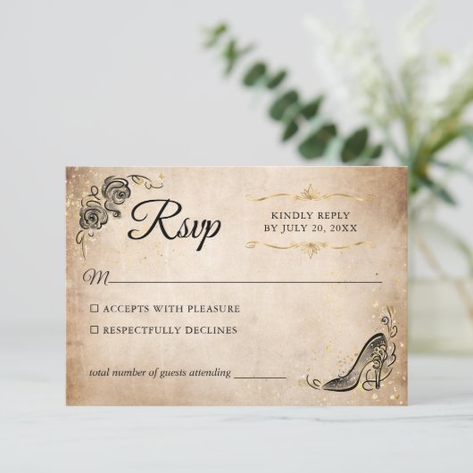 Schwarz und Gold Prinzessin Elegante Hochzeit RSVP Karte (Stehend Vorderseite)