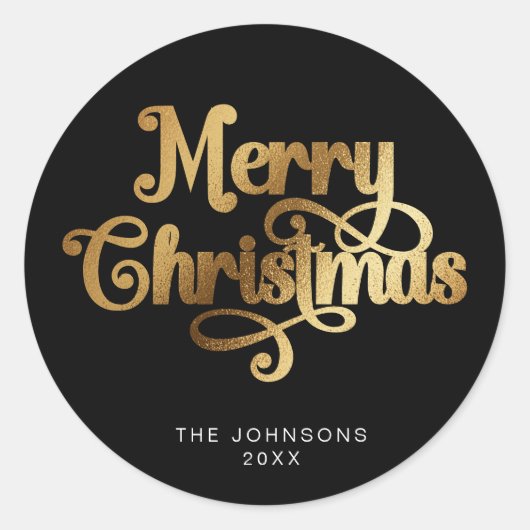 Schwarz und Gold Retro Frohe Weihnachtsschrift Cus Runder Aufkleber (Vorderseite)