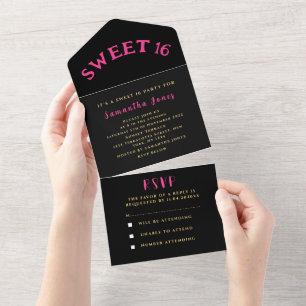 Schwarz und Gold Rosa Sweet 16 Sechzehn All In One Einladung