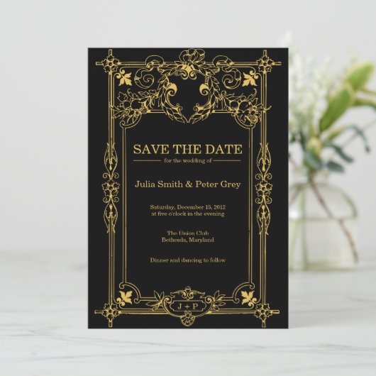 Schwarz und Gold Rustikale Save the Date Einladung (Stehend Vorderseite)