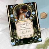 Schwarz und Gold Save the Date mit Blue Florals In Einladung