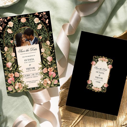 Schwarz und Gold Save the Date mit Rosa Florals Einladung