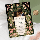 Schwarz und Gold Save the Date mit Rosa Florals Einladung