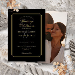 Schwarz und Gold Script Art Deco Foto Hochzeit Einladung