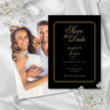Schwarz und Gold Script Art Deco Foto Hochzeit