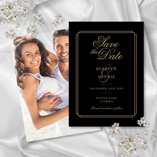 Schwarz und Gold Script Art Deco Foto Hochzeit Save The Date