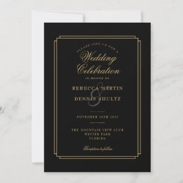 Schwarz und Gold Script Art Deco Hochzeit Einladung