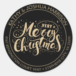 Schwarz und Gold Sehr frohe Weihnachts-Rücksendead Runder Aufkleber