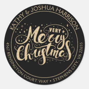 Schwarz und Gold Sehr frohe Weihnachts-Rücksendead Runder Aufkleber