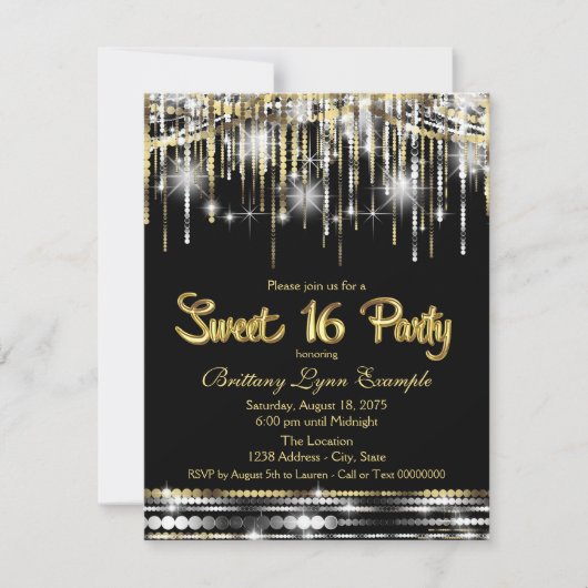 Schwarz und Gold Sweet 16 Party Einladung (Vorderseite)