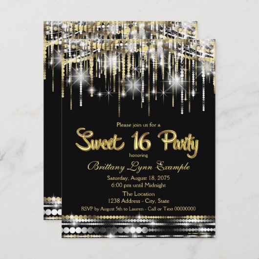 Schwarz und Gold Sweet 16 Party Einladung (Vorne/Hinten)