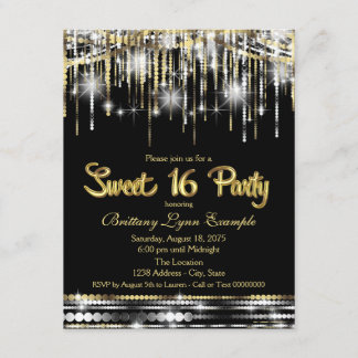 Schwarz und Gold Sweet 16 Party Einladung