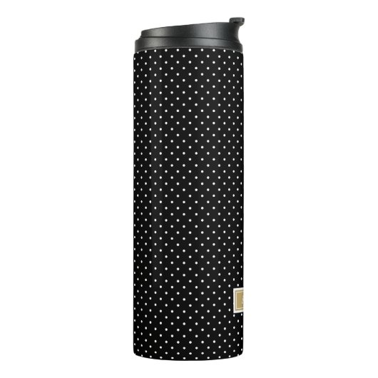 Schwarz und Gold Tiny Dots Monogram Thermosbecher (Nach links gedreht)