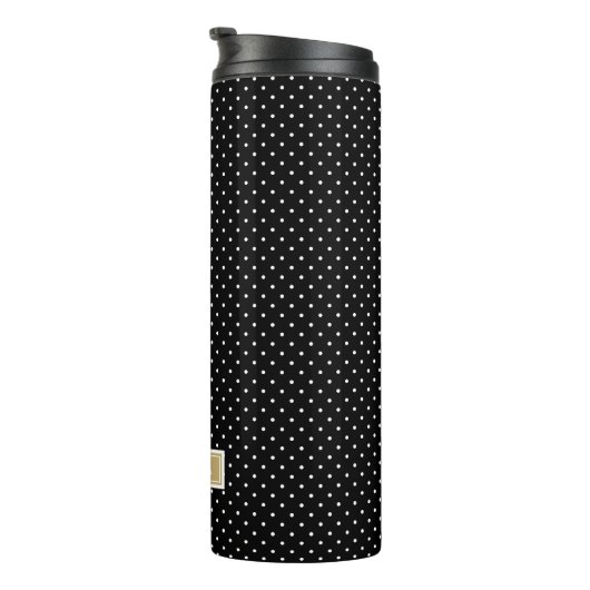 Schwarz und Gold Tiny Dots Monogram Thermosbecher (Nach rechts gedreht)