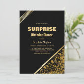 Schwarz und Gold Überraschung Geburtstagessen Einladung (Stehend Vorderseite)