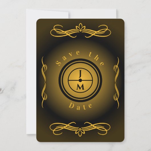 Schwarz und Gold und Monogramm Save The Date (Rückseite)