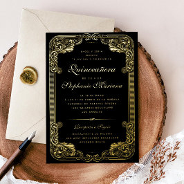 Schwarz und Gold Verzierte Rahmen Spanische Quince Folieneinladung