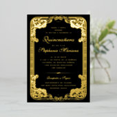 Schwarz und Gold Verzierte Rahmen Spanische Quince Folieneinladung (Stehend vorne)