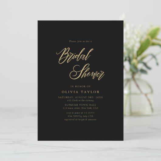 Schwarz und Gold Whimsy Script Modernes Brautparty Einladung (Stehend Vorderseite)