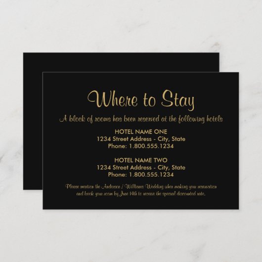 Schwarz und Gold wo Hochzeitsunterkunft Bleibe wer Begleitkarte (Vorne/Hinten)
