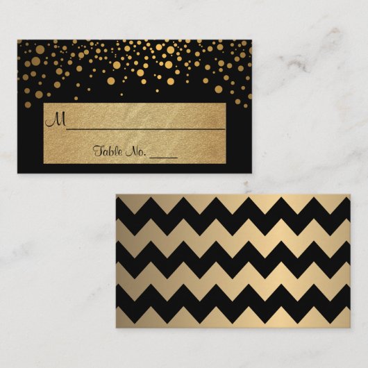 Schwarz und Gold Zickzack und Konfetti Punkte Platzkarte (Vorne/Hinten)