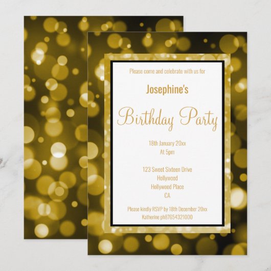 SCHWARZ- UND GOLDBUBBLE GEBURTSTAGLICHE EINLADUNG (Vorne/Hinten)