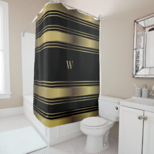 Schwarz und goldene Streifen Mit Monogramm Duschvorhang
